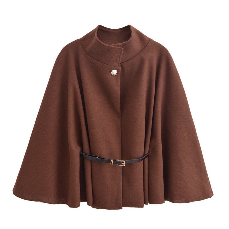 Stand Collar Batwing Sleeves Cloak Top With Belt Ins Fashion Temperament Jacket Woolen Sweater Outwear For Women Clothing by DERILUJA LLC