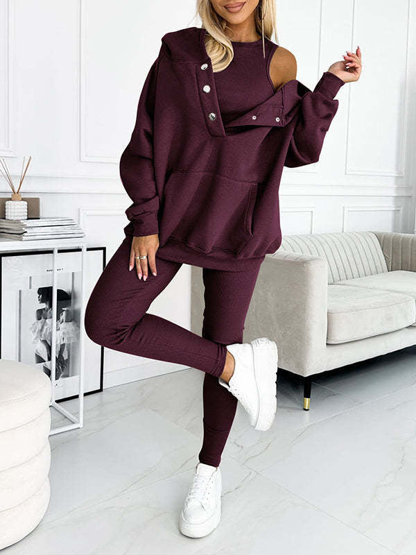 3pcs Women's Sports Suit Loose Hooded Pockets Sweatshirt And Vest And Slim Trousers by My Store