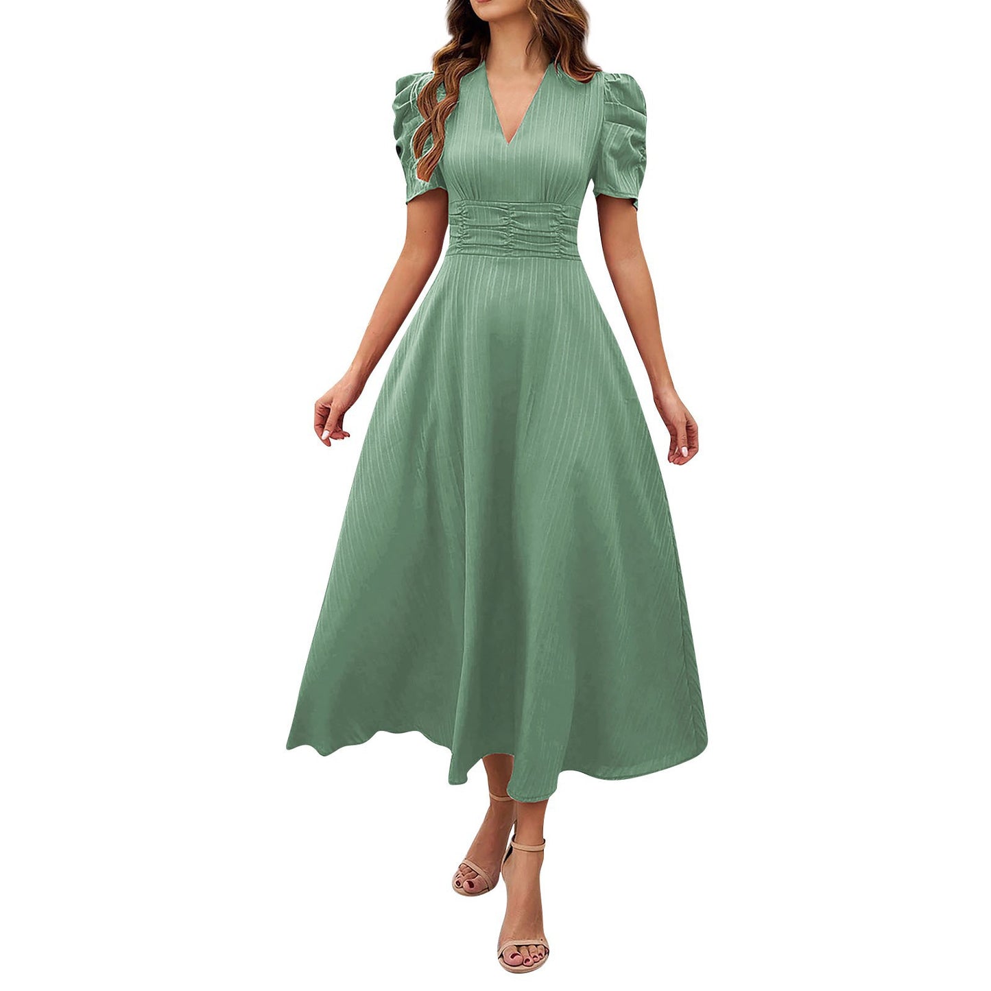 2026 Cross-Border Spring Summer Amazon Women's Fashionable And Elegant High-Waisted Solid Color Waist-Cinching Short-Sleeve Dress by DERILUJA LLC