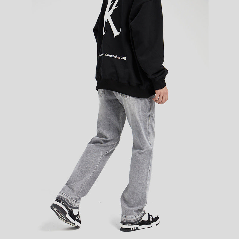 High-Quality Washed Light Gray Distressed Solid Color Denim Jeans with Raw Hem, Basic Casual Long Pants