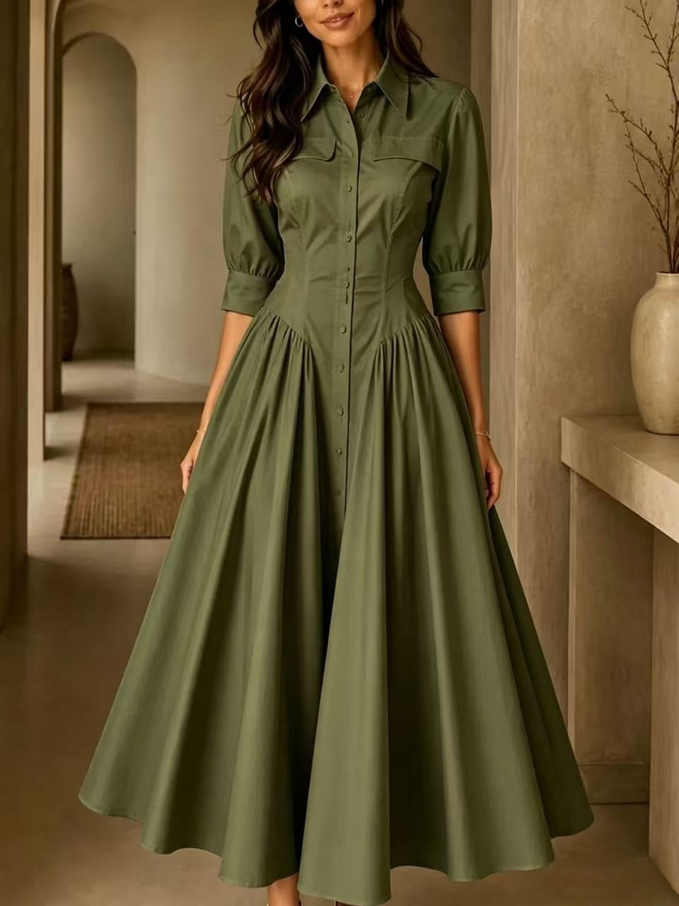 Cotton-linen Blend Single-breasted High-waisted Solid-color Dress by DERILUJA LLC