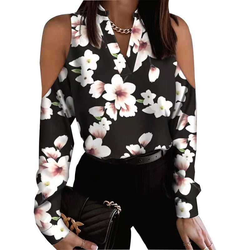 Long Sleeve Off-shoulder Long Sleeve Printed Shirt by DERILUJA LLC