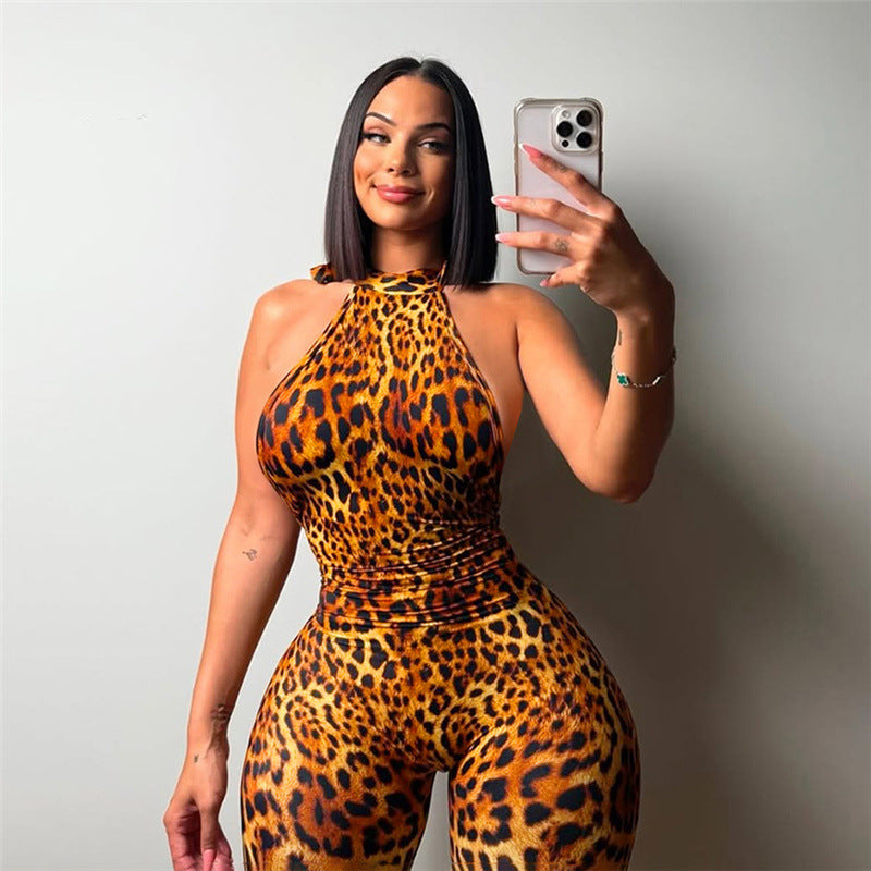 Leopard Print Sleeveless Backless Bodycon Jumpsuit for Women by eprolo