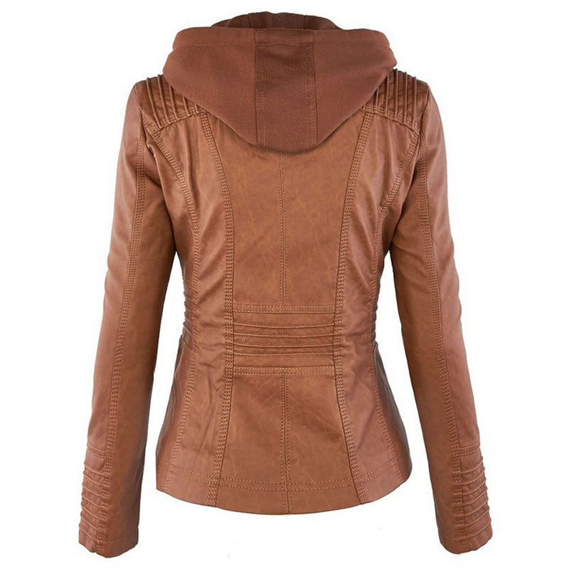 Fashion Detachable Hooded Jacket With Pockets Casual Solid Color Zipper Long Sleeve Leather Coat Autumn Winter Women's Clothing by My Store