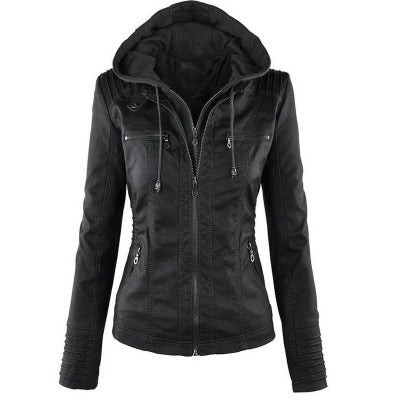 Fashion Detachable Hooded Jacket With Pockets Casual Solid Color Zipper Long Sleeve Leather Coat Autumn Winter Women's Clothing by My Store