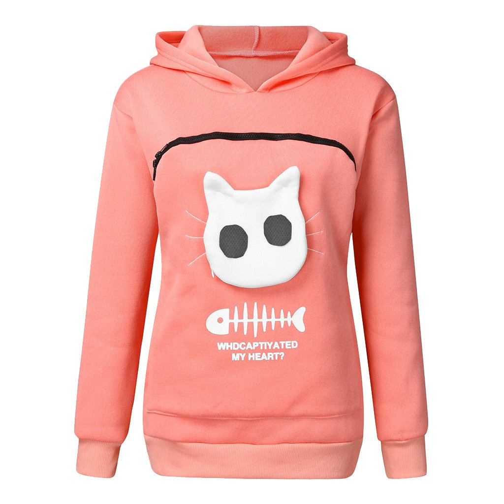 Women Hoodie Sweatshirt With Cat Pet Pocket Design Long Sleeve Sweater Cat Outfit by DERILUJA LLC