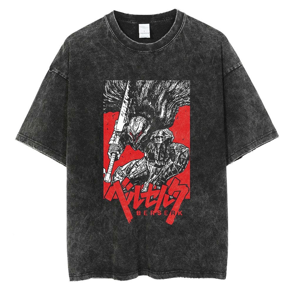 Washed summer retro printed short-sleeved T-shirt anime sword style legend men's and women's short-sleeved shirt