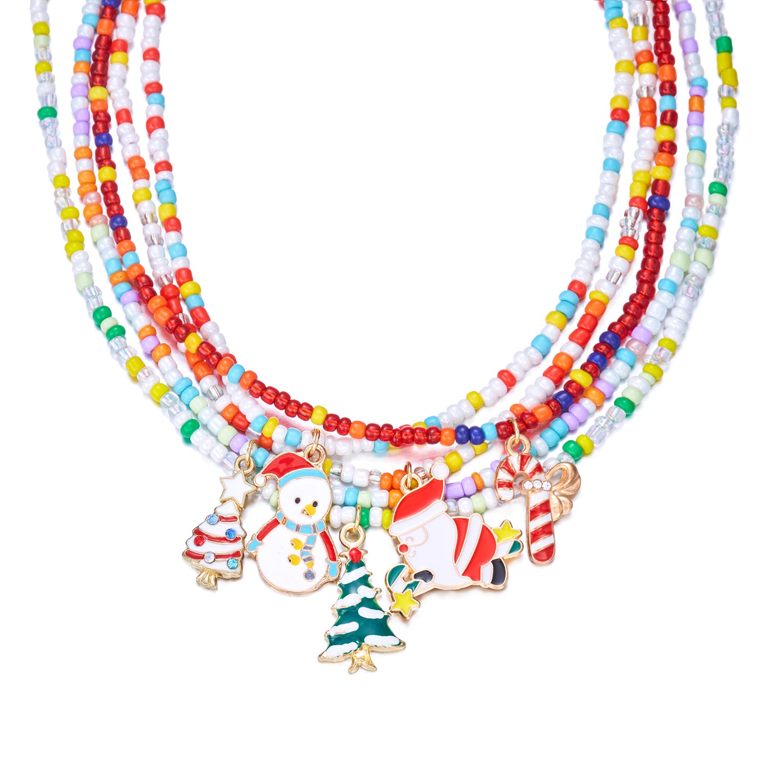 Christmas Cartoon Santa Bell Snowman Snowflake Pendant Colorful Seed Bead Necklace for Women by eprolo