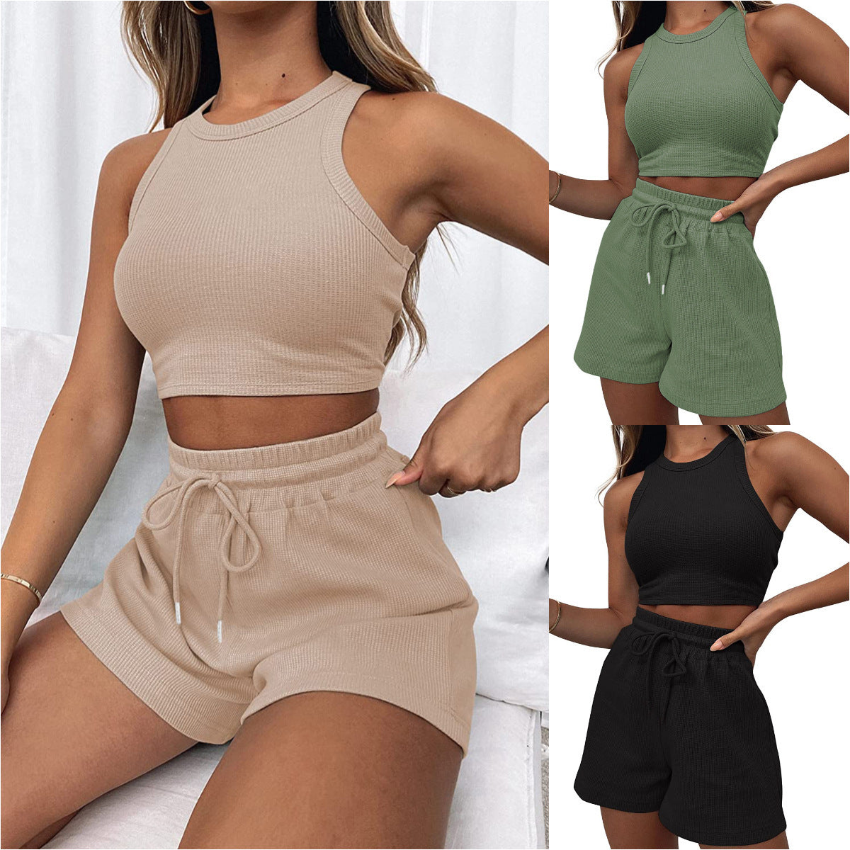 Casual Solid Color Sleeveless Waffle Knit Short Crop Top 2-Piece Set Women's Fashion Outfit by eprolo
