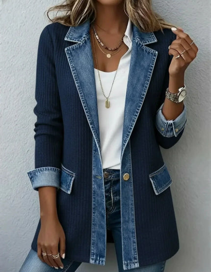 Denim Patchwork Jacket Fashion Commuter Lapel Button-down Long-sleeved Top For Women's Clothing by DERILUJA LLC