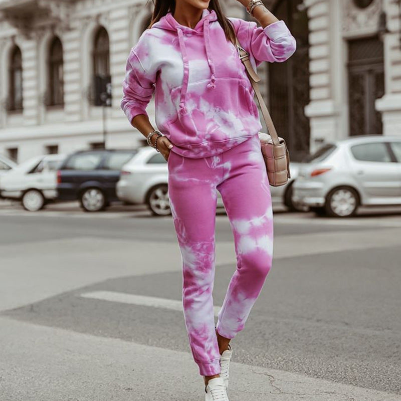Tie-dyed loose hooded sweater set by DERILUJA LLC