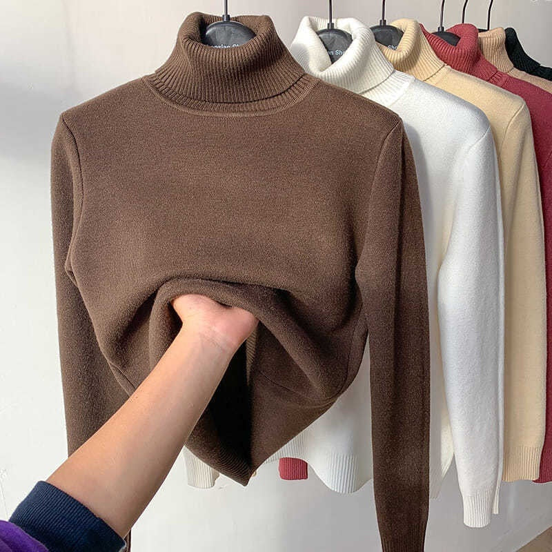 Fleece Turtle Neck Sweater Winter Warm Elegant Thick Knitted Pullover Tops Women's Clothing by DERILUJA LLC
