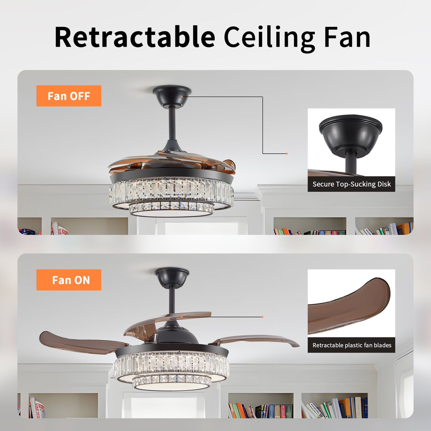 Modern LED retractable ceiling fan with lighting and remote control, silent reversible motor, 4-blade modern ceiling fan by eprolo