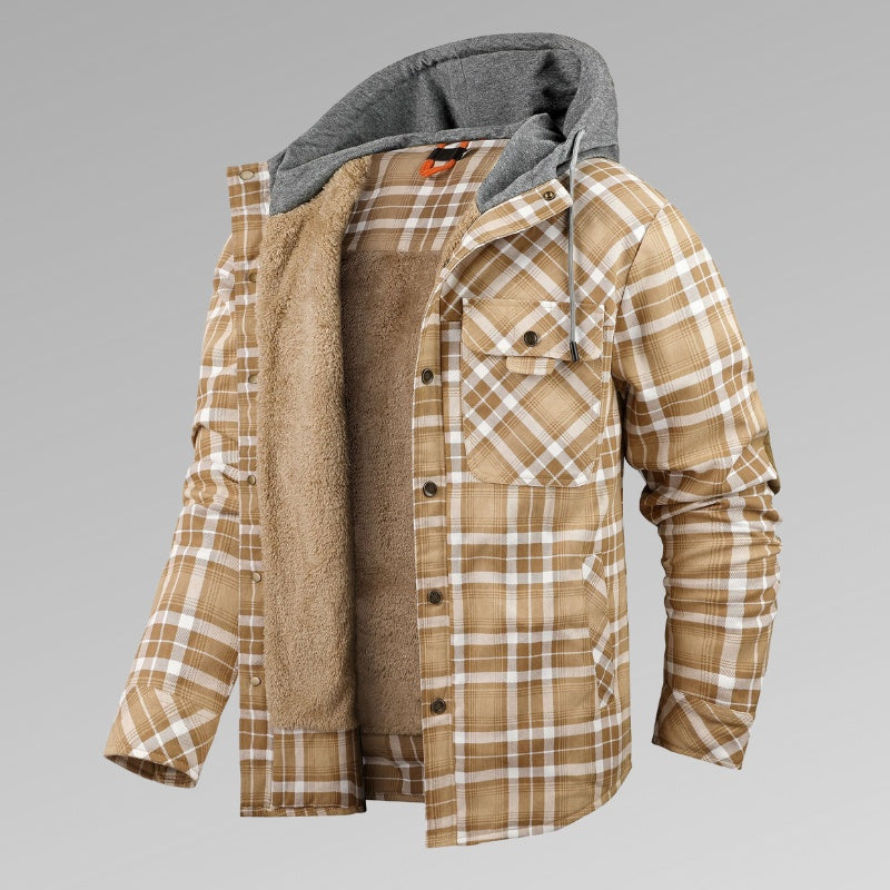 Men's Long Sleeve Velvet Thickened Hooded Plaid Shirt Coat by My Store