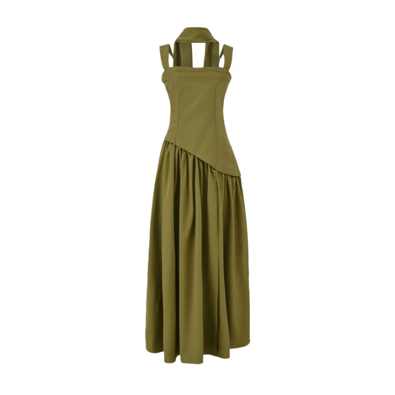 Elegant Olive Green Maxi Dress For Women Summer Flowy Long Dress With Scarf Birthday Party Beach Graduation Dress by DERILUJA LLC