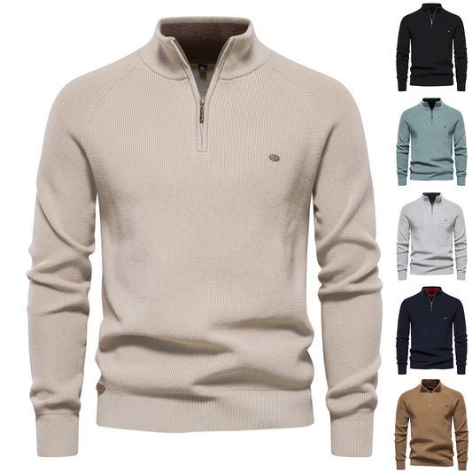 Men's Zipper Stand Collar Knitted Sweater Fashion Slim Solid Color Long Sleeve Half Turtleneck Top Men's Clothing by My Store