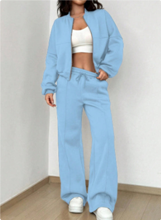 Women's Sports Suits Zipper Jacket And Wide Leg Pants Two-piece Set by My Store