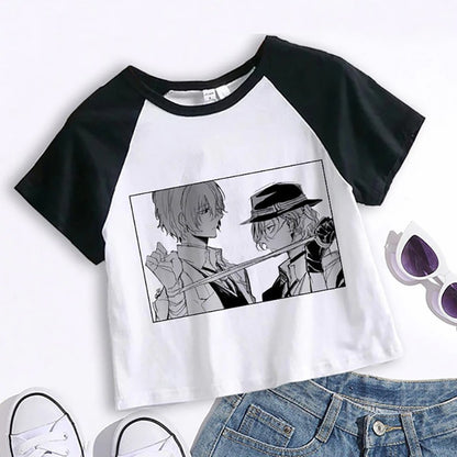 Crop Top Cartoon T Shirt Anime Bungou Stray Dogs Chuuya Nakahara Osamu Dazai Women Tops Tee Summer Clothes Camiseta Streetwear