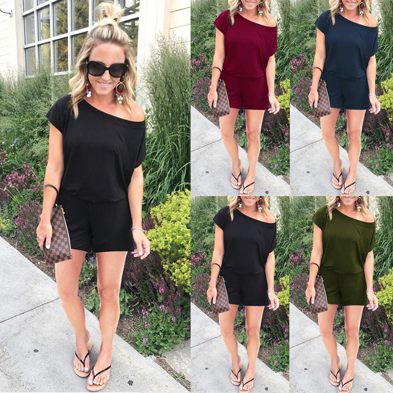 Fashionable Asymmetrical Shoulder Short Sleeve Pocket Women's Jumpsuit in 6 Colors by eprolo