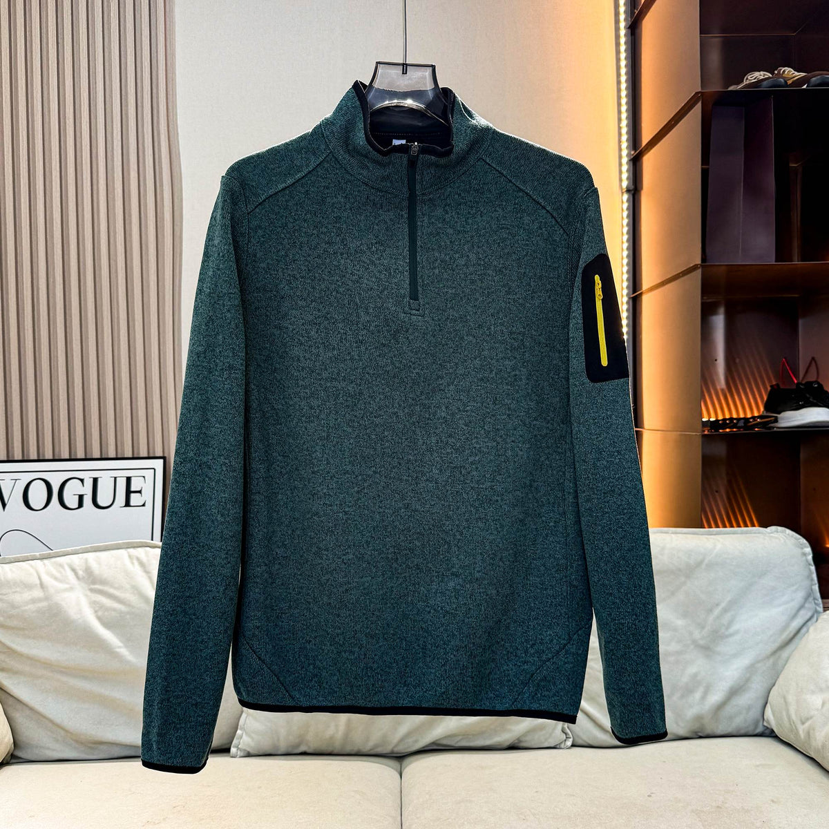 Men Quarter Zip Knit Fleece Pullover, Stand Collar Long Sleeve Sweater Jacket, Arm Zip Pocket, Warm Mid Layer For Hiking Camping Urban Daily Wear by DERILUJA LLC