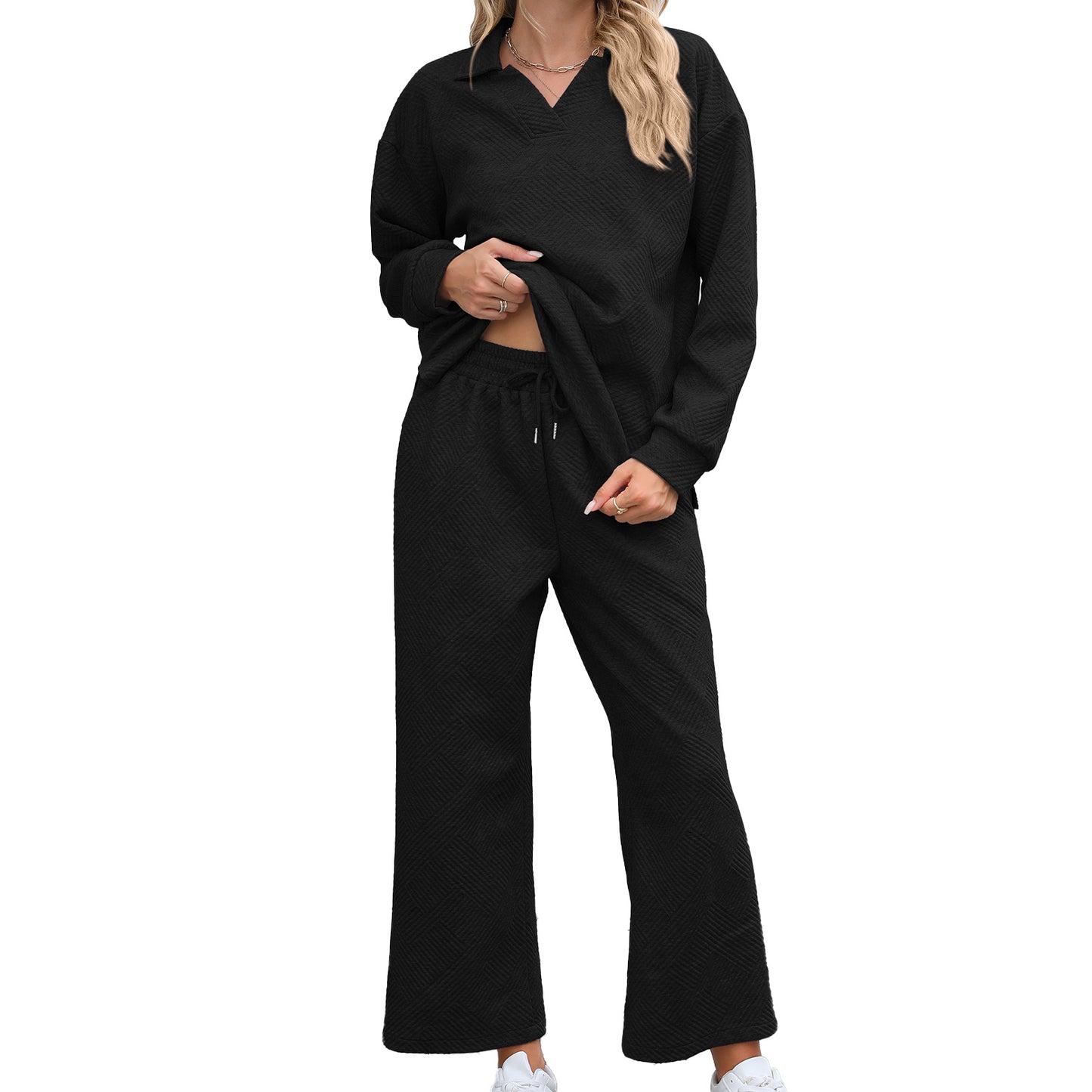 Solid Color Turn-down Collar Long Sleeve Hoodie with Elastic Waist Pants Set by eprolo