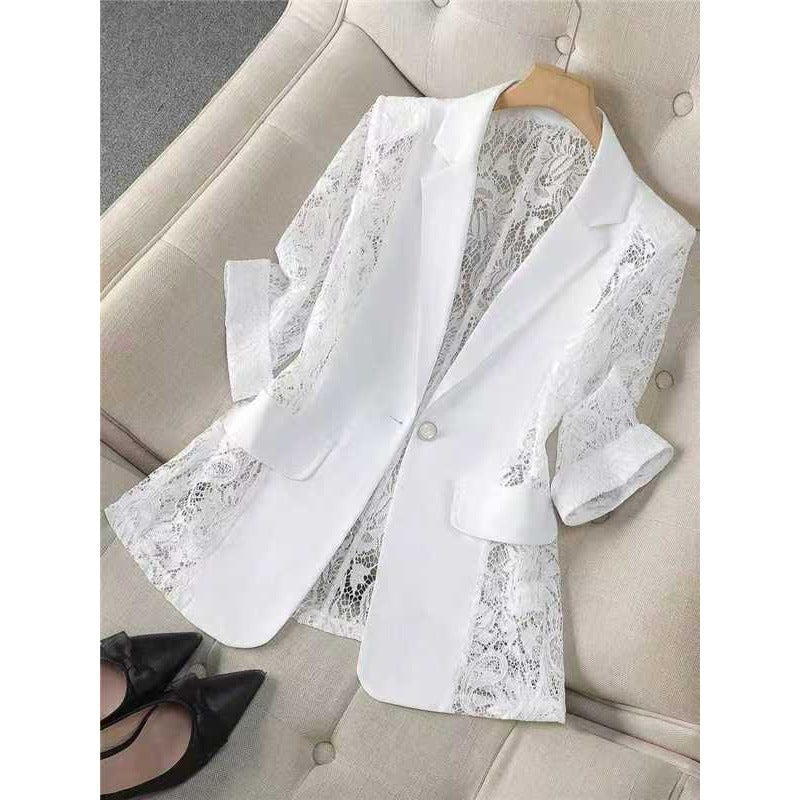 Solid color lace patchwork small suit jacket for women's top by eprolo