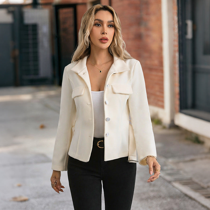 Elegant commuting style with lace up stand up collar solid color woolen coat by eprolo