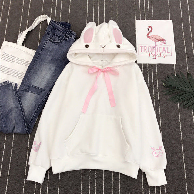 Women Cute Bunny Hoodie Long Sleeve Hoodie Lovely Female Rabbit Hoody Sweatshirts Loose Size Lovely Cotton Treetwear