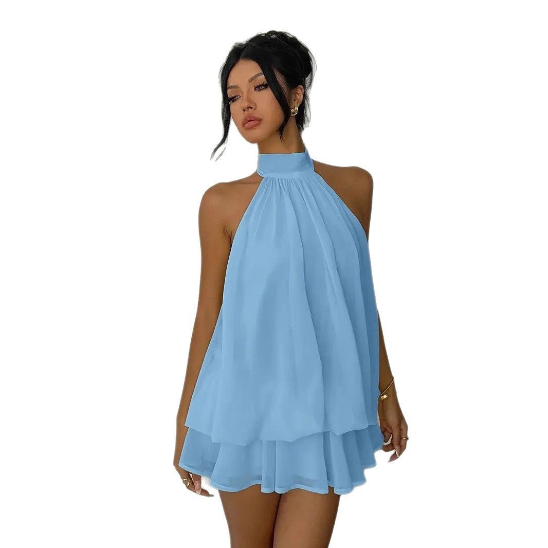 Women's vacation fitted sexy backless halter neck tie-waist dress with puffy short skirt by eprolo