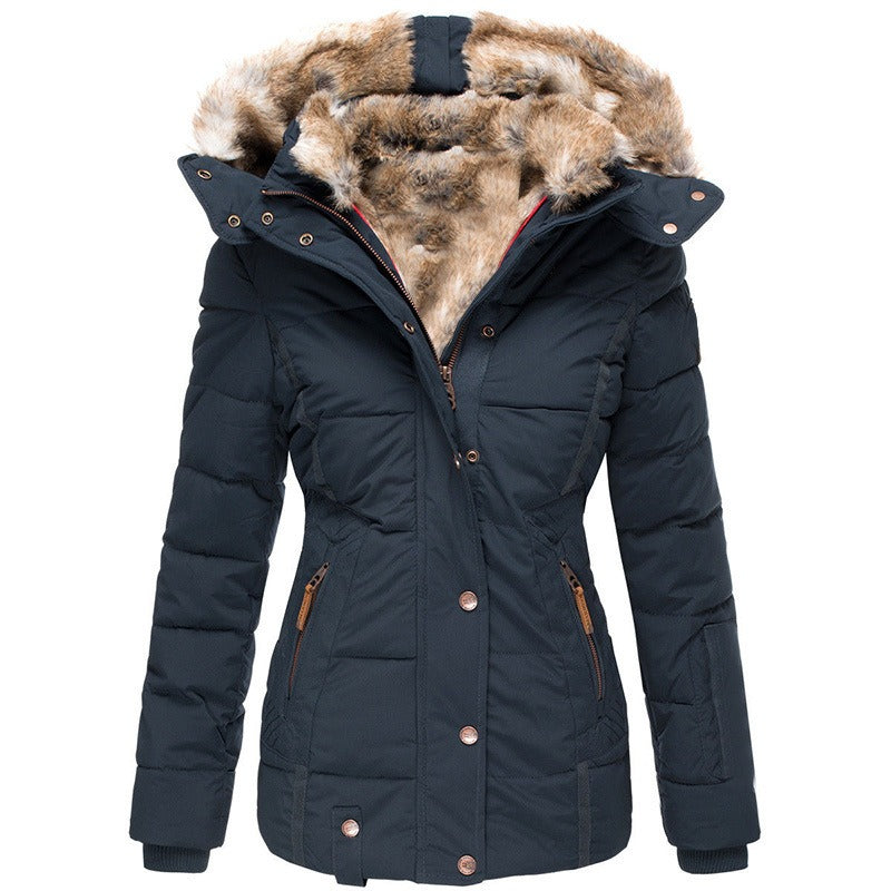 New Winter Warm Wool Collar Cotton Coat Women's Zipper Long Sleeve Slim Fit Cotton Coat Coat Hooded Coat by eprolo