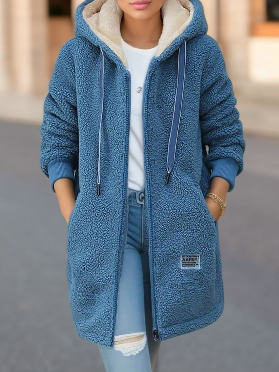 Winter Fleece Hooded Jacket Fashion Casual Zip-up Pockets Long Sweatshirt Warm Commuter Women's Clothing by My Store