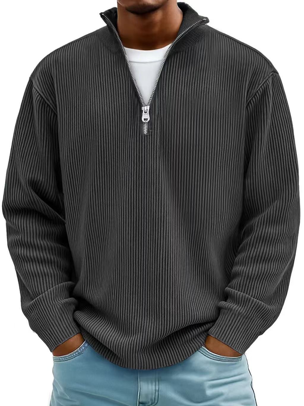 Corduroy Zipper Stand Collar Sweatshirt Fashion Warm Solid Color Long Sleeve Top Men's Casual Polo Shirt Clothing by My Store