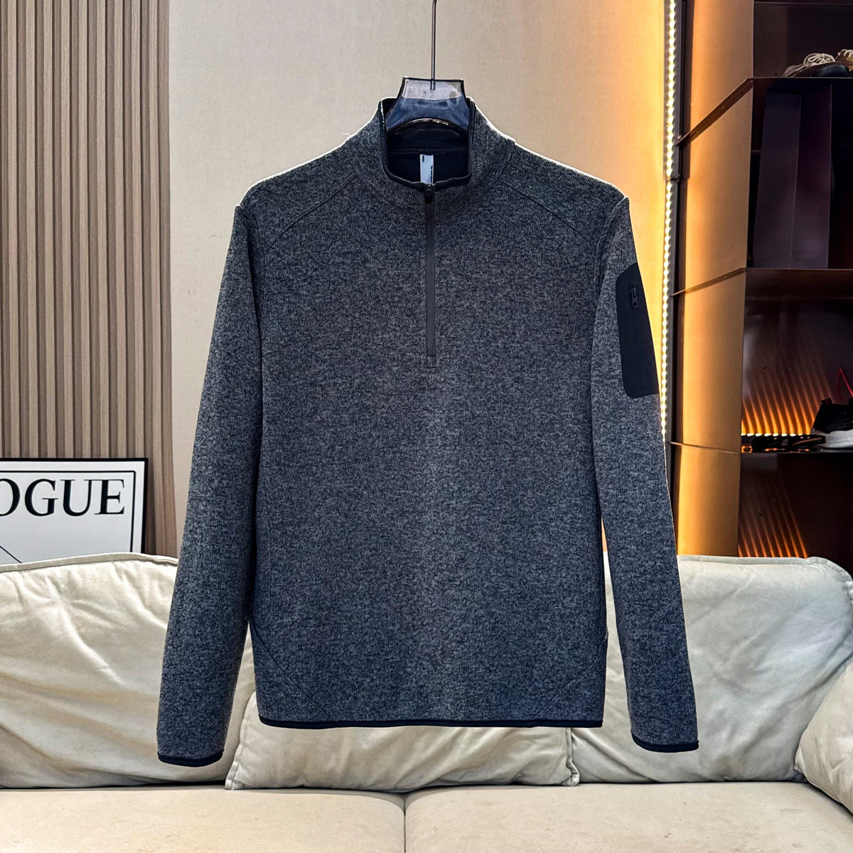 Men Quarter Zip Knit Fleece Pullover, Stand Collar Long Sleeve Sweater Jacket, Arm Zip Pocket, Warm Mid Layer For Hiking Camping Urban Daily Wear by DERILUJA LLC