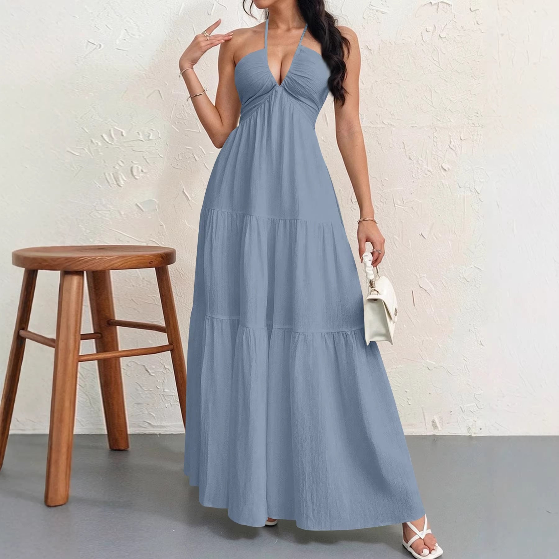 Backless Halterneck V-Neck Pleated A- Line Dress Women's Clothing One-Piece Dress Ankle-length Skirt For Beach Vacation Outfits by DERILUJA LLC