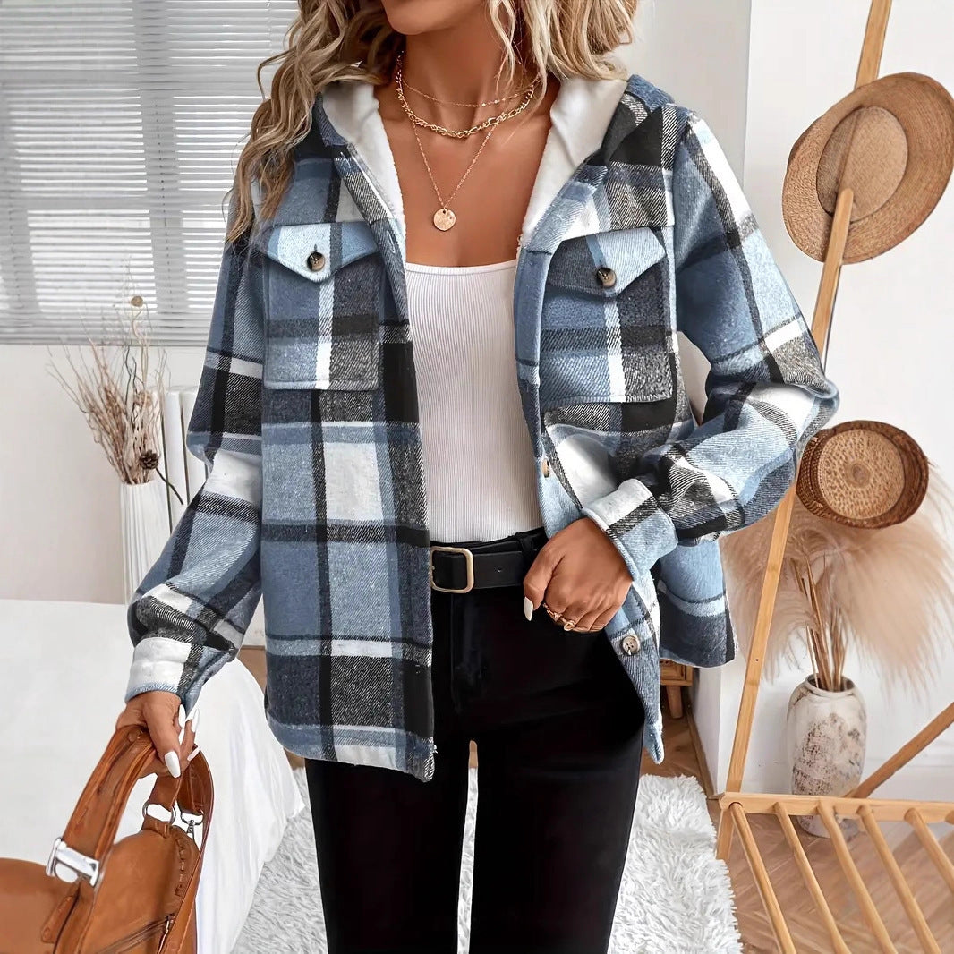 Autumn And Winter Loose Long Sleeve Casual Plaid Hooded Jacket by My Store