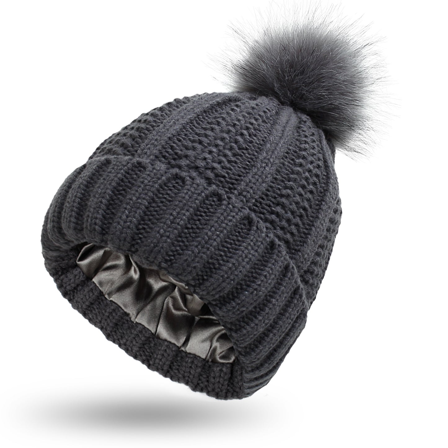 Winter Knitted Hats Fashion Stretchy Lined Skull Hats For Women Faux Fur Pom Pom Hat Keep Warming Beanie Hat by DERILUJA LLC