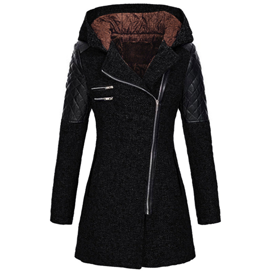 Women Warm Slim Full Zipper Coat Thick Woolen Coat Female Fall Winter Windbreaker Hooded Diagonal Zipper Women's Clothing by My Store