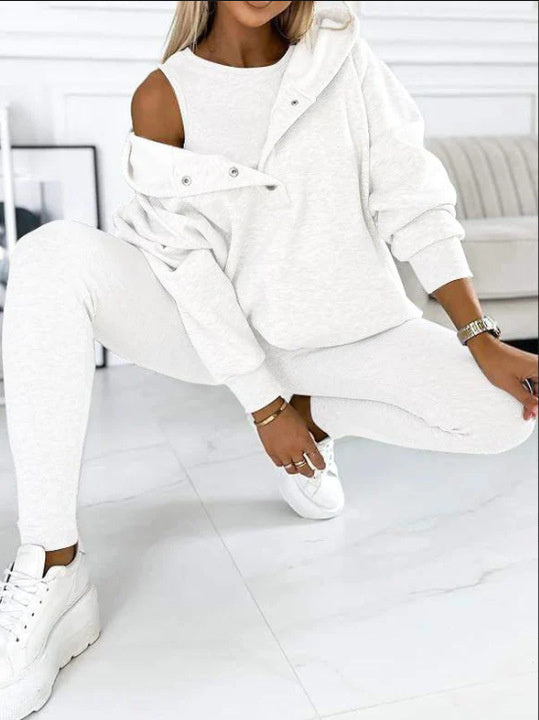 3pcs Women's Sports Suit Loose Hooded Pockets Sweatshirt And Vest And Slim Trousers by My Store