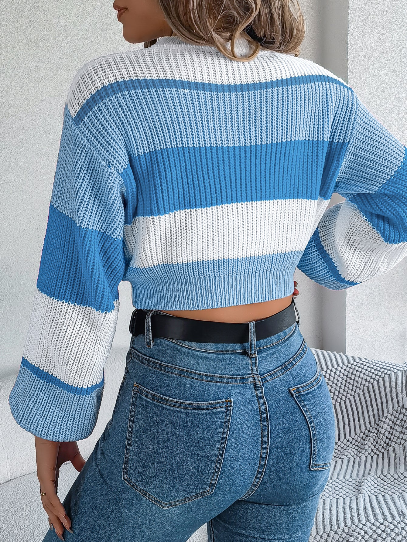 Women Casual Color Block Lantern Sleeve Cropped Pullover Sweater by DERILUJA LLC