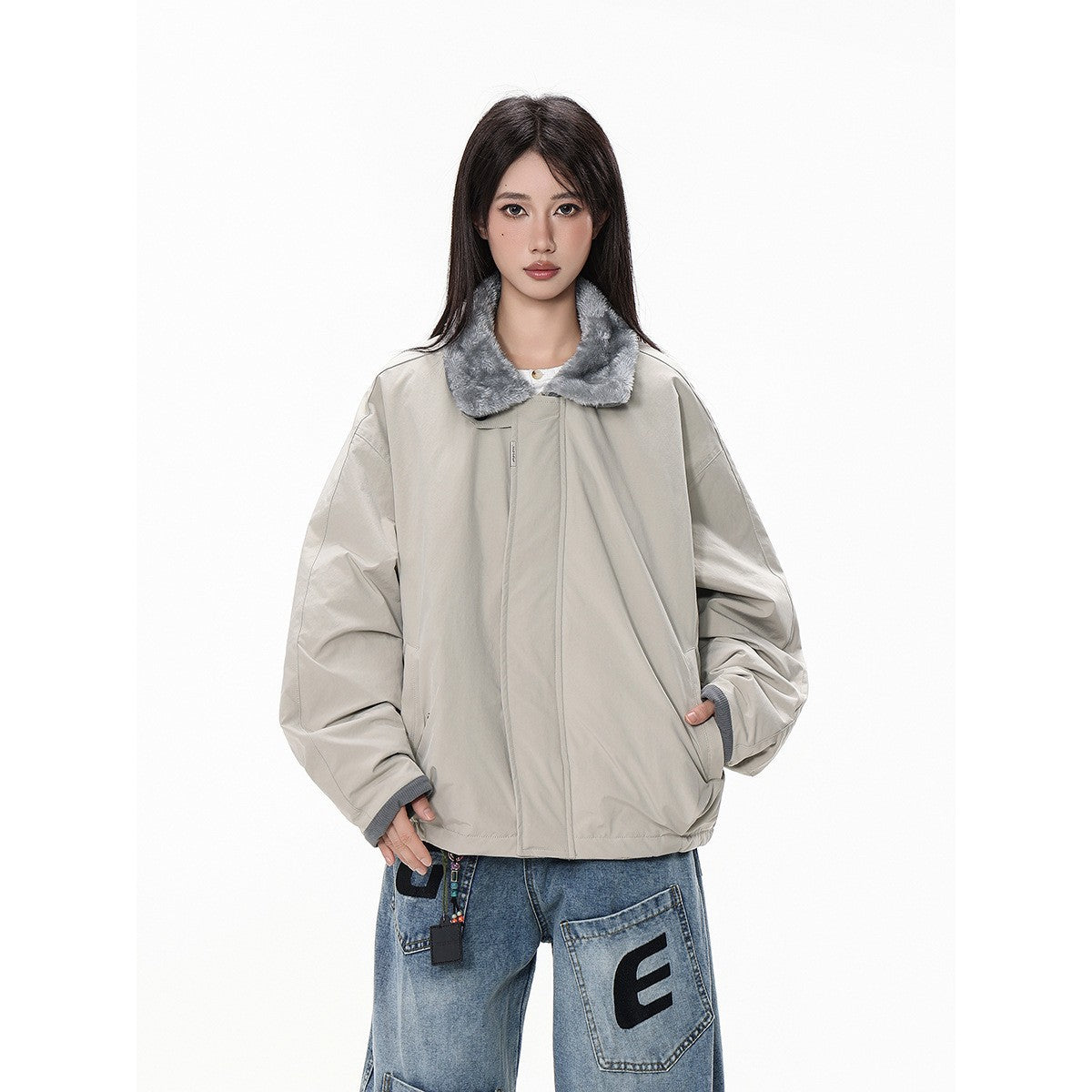 Cotton Coat Loose Warm Winter Jacket with Fur Collar by eprolo