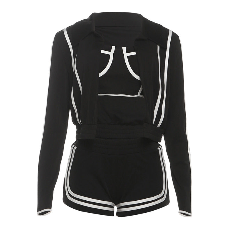 Fashionable Long Sleeve Turn-Down Collar Outerwear with Strap Inner Top and Slim Fit Sport Shorts Set for Women