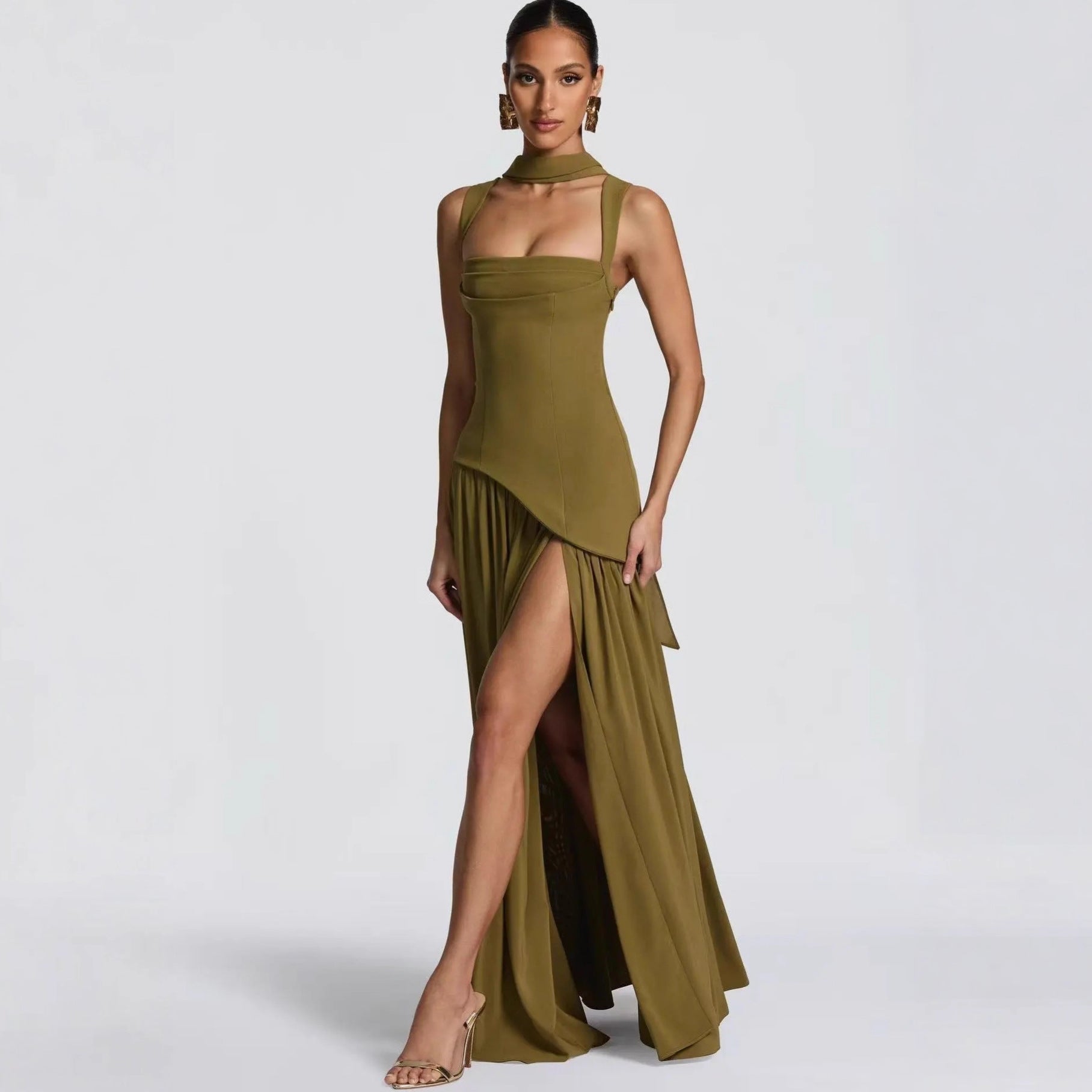 Elegant Olive Green Maxi Dress For Women Summer Flowy Long Dress With Scarf Birthday Party Beach Graduation Dress by DERILUJA LLC