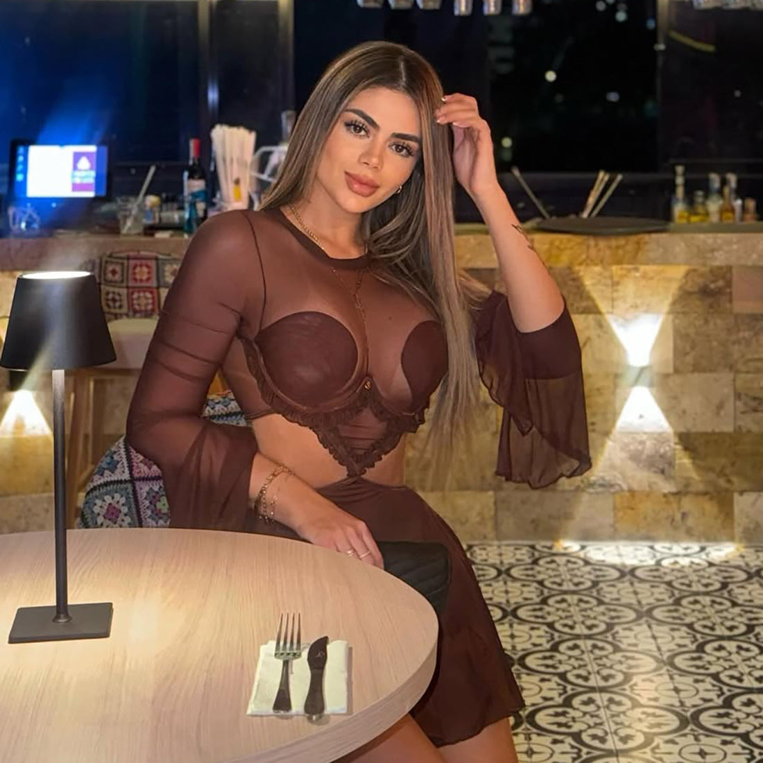 Creative Sexy Mesh Spliced Sheer Long Sleeve Dress by eprolo