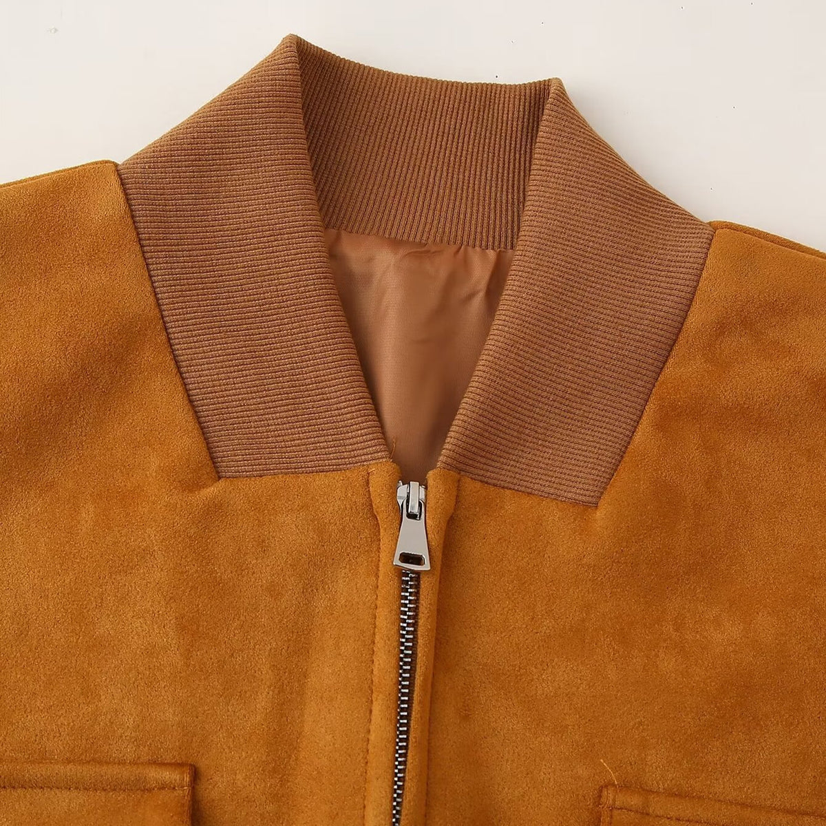 Stand up collar pocket embellished with suede retro style jacket for women by eprolo