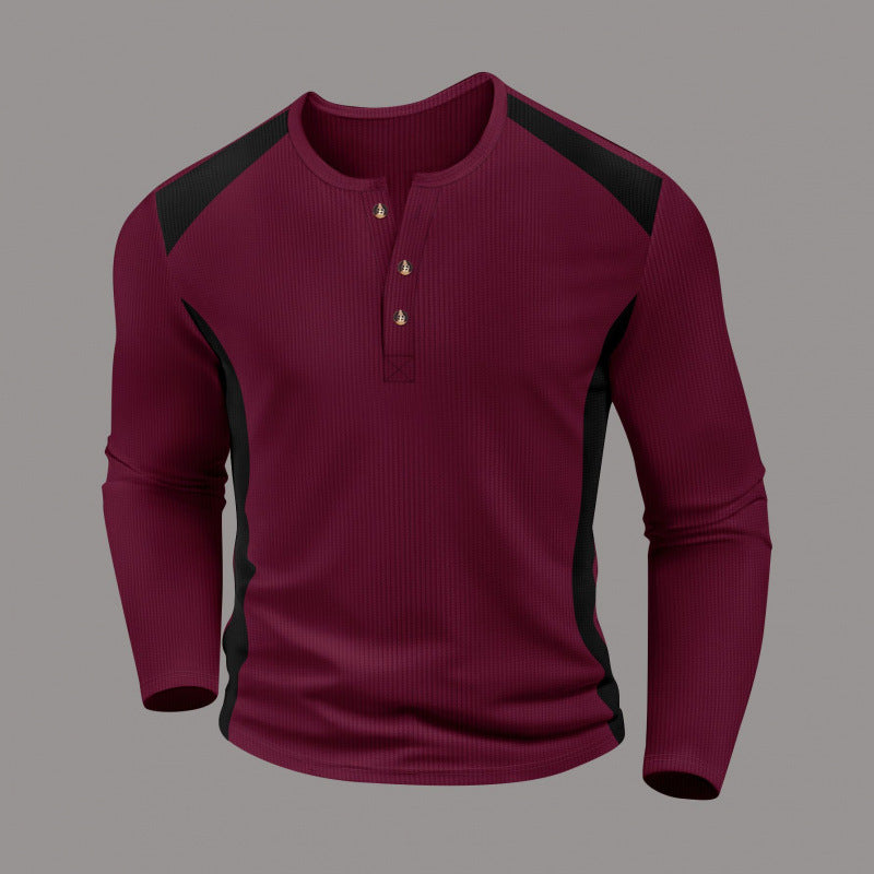 Men's Waffle-Weave Two-Tone Turtleneck Button-Up Long-Sleeve Top by DERILUJA LLC