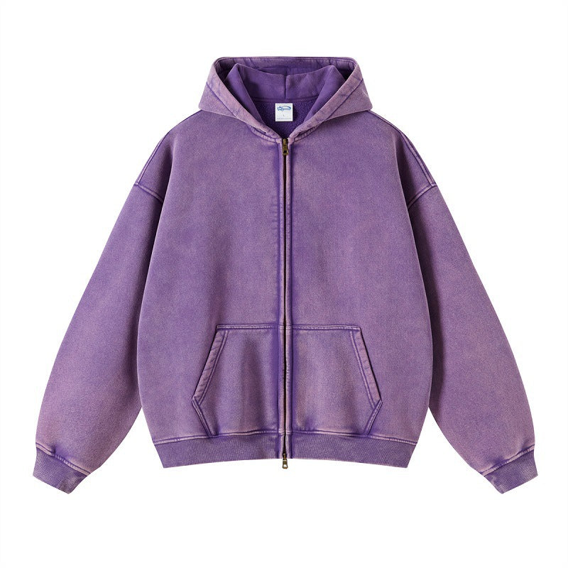 Solid color distressed fleece hoodie loose and versatile washed zipper sweatshirt for men by eprolo