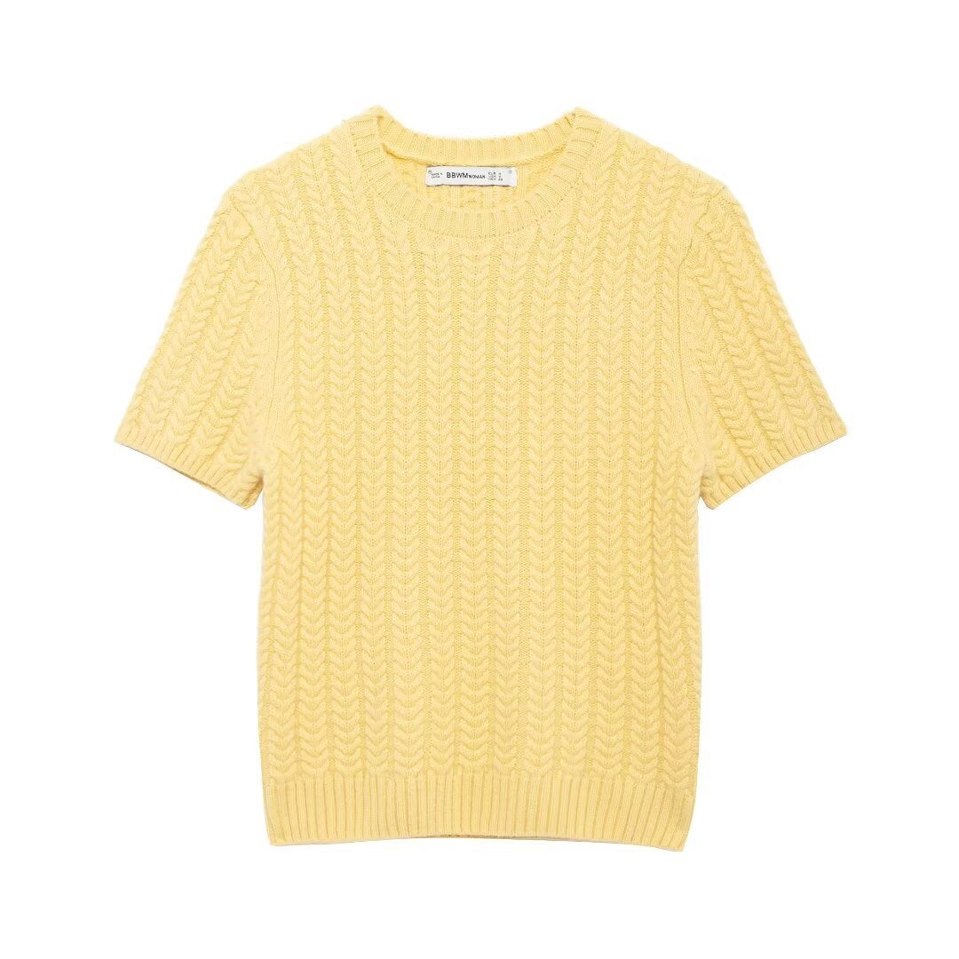 Stylish round neck short sleeved eight strand braided yellow knitted sweater for women by eprolo