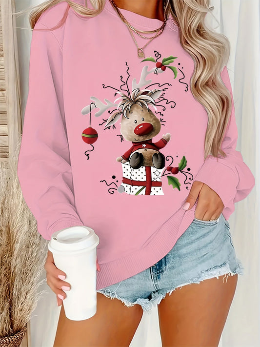 Long Sleeve Christmas Reindeer Graphic Crew Neck Sweatshirt by eprolo
