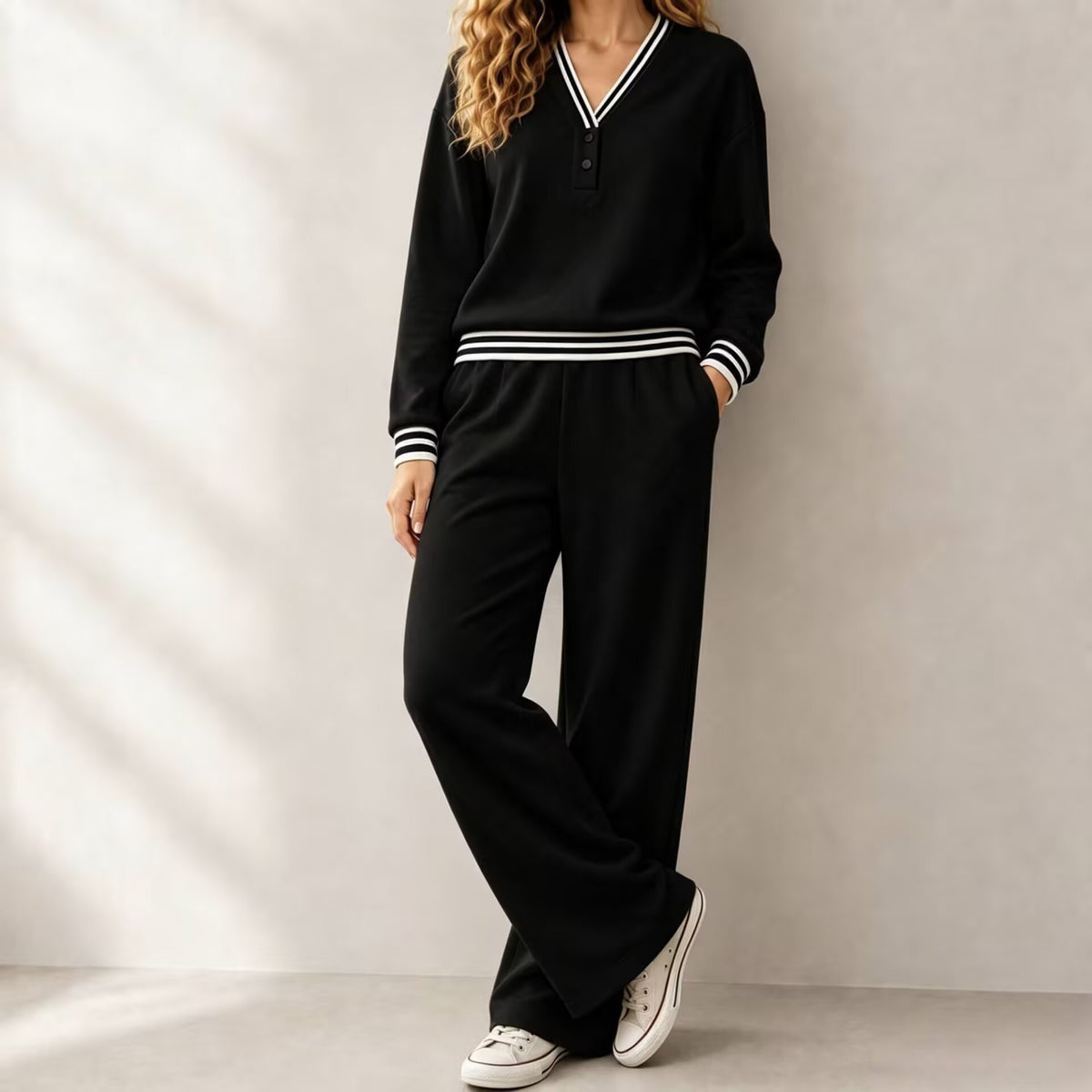 Womens V-neck Striped Sweatshirt And Wide-leg Pants Casual Lounge Set by DERILUJA LLC