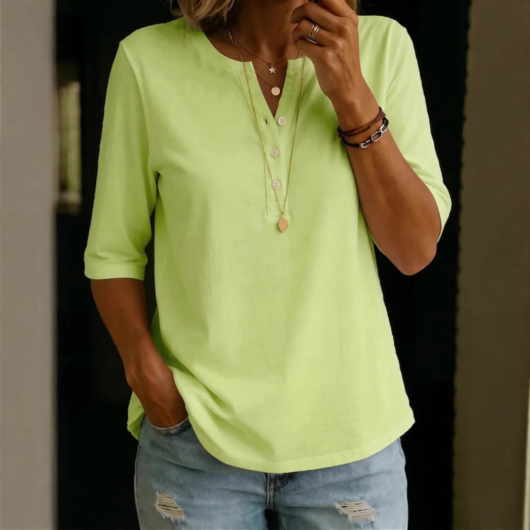 Classic Henley Neck Style Spring Summer New Women's Solid Color Button-Up Top by eprolo